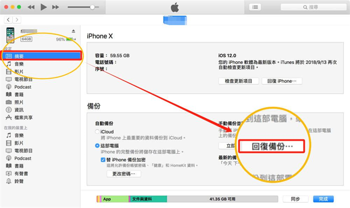 在摘要中回復備份